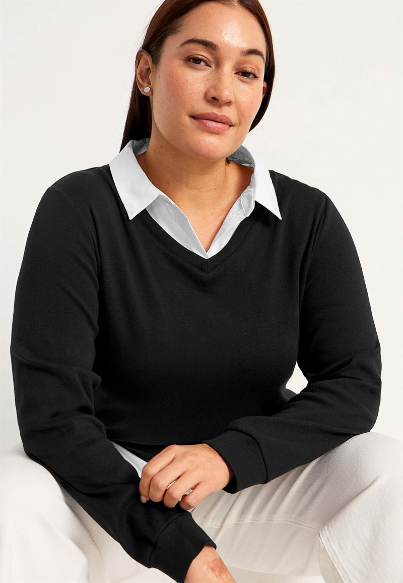 Jerseytop med syet skjorte krave