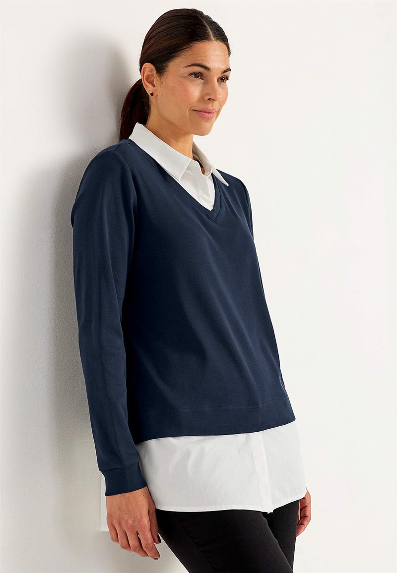 Jerseytop med syet skjorte krave