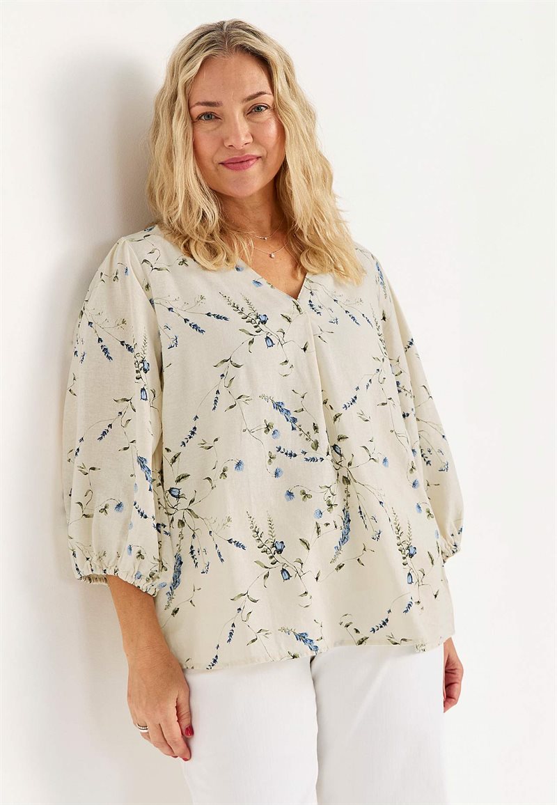 Blomstret bluse i hør- og viskoseblanding