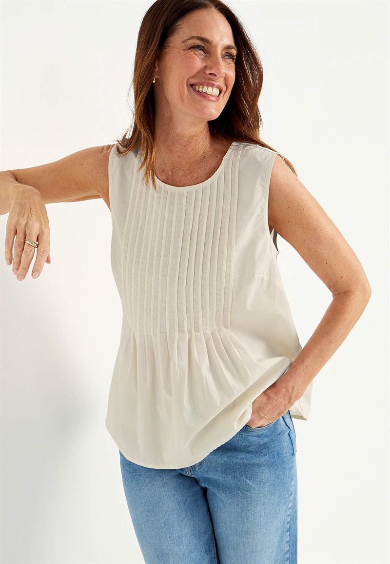 Ærmeløs bluse i bomuldspoplin