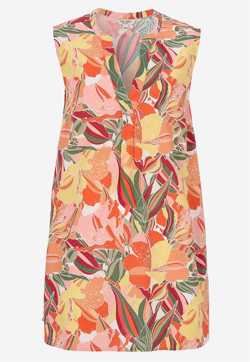 Ærmeløs tunika med lommer og et blomstermønster