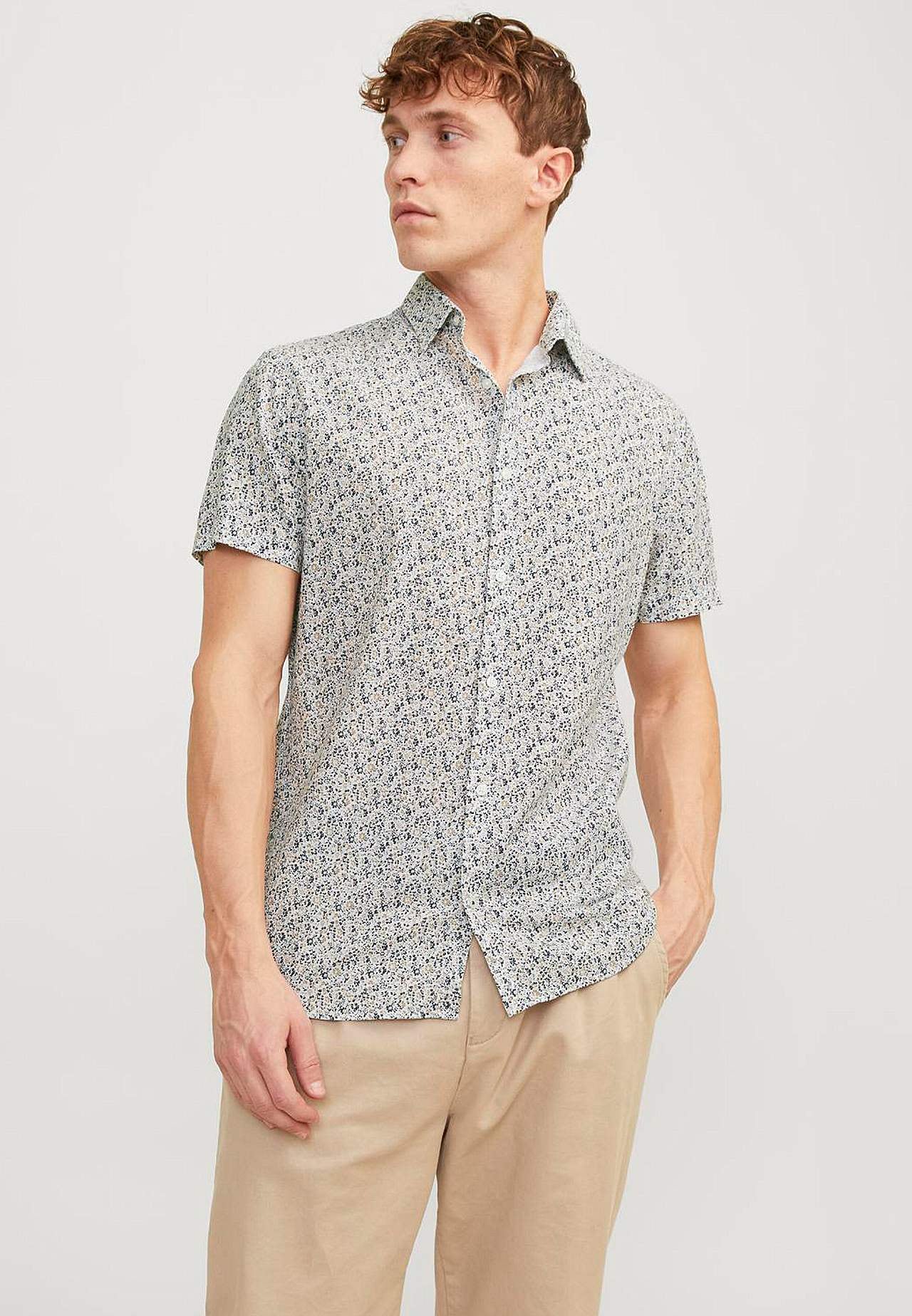 Mønstret skjorte i bomuld- og linnedblanding