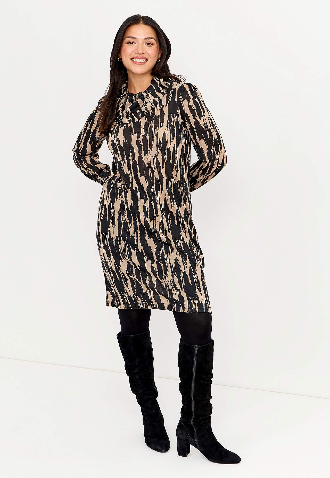 Mønstret, knælang jerseykjole