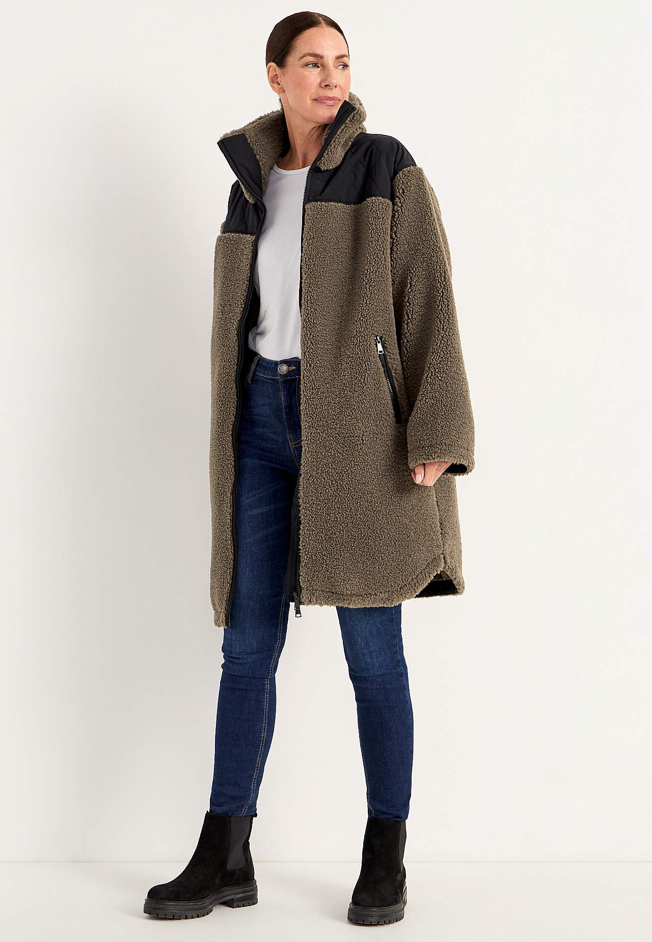 Lang fleecejakke med høj krave