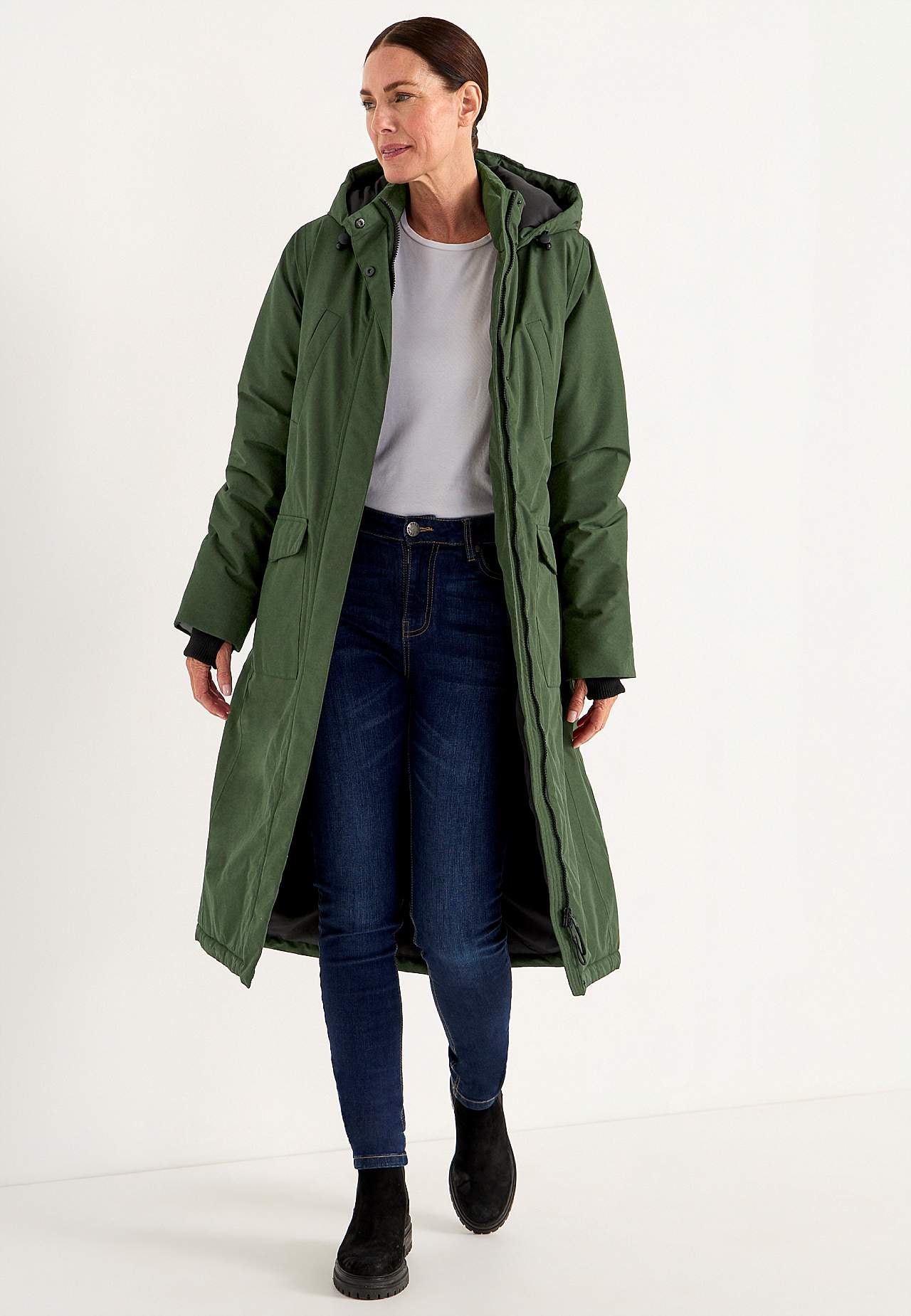 Funktionel, varmt foret, lang parka