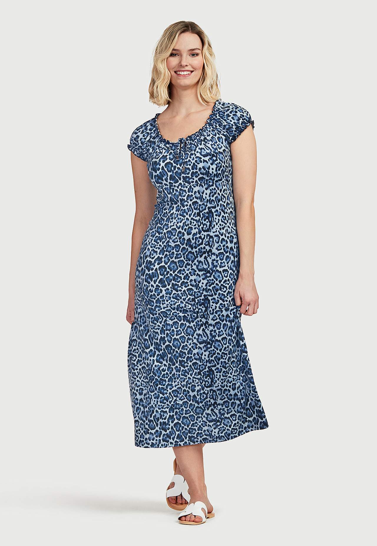 Lang, mønstret off-shoulder-kjole