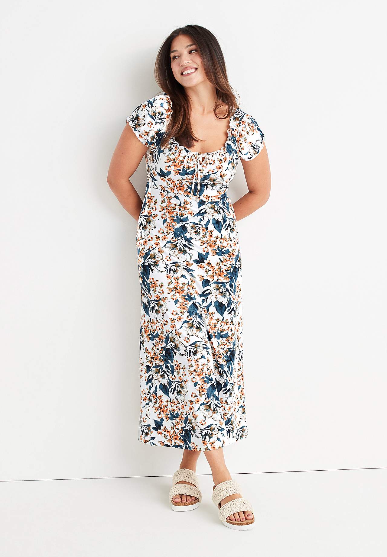Lang, mønstret off-shoulder-kjole