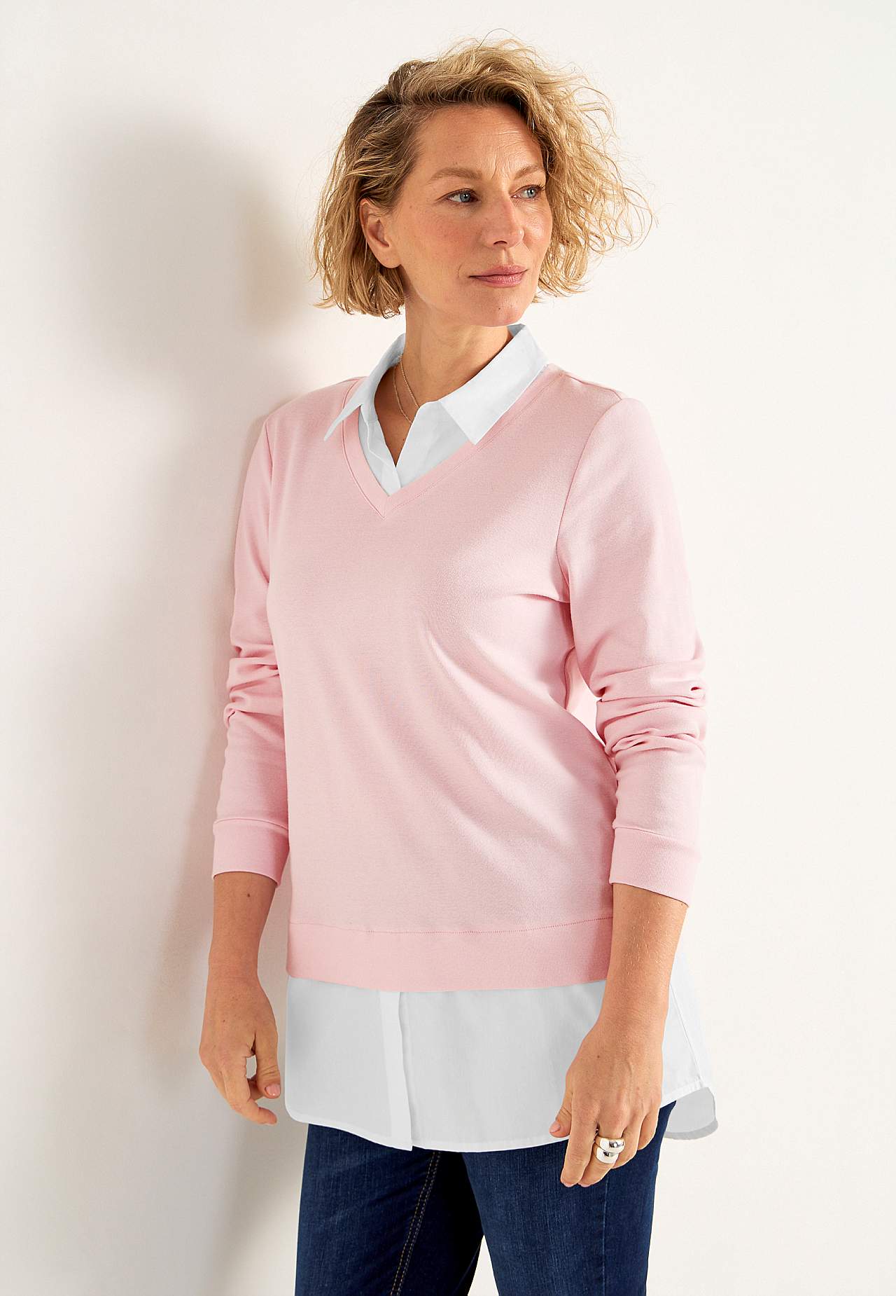 Jerseytop med syet skjorte krave