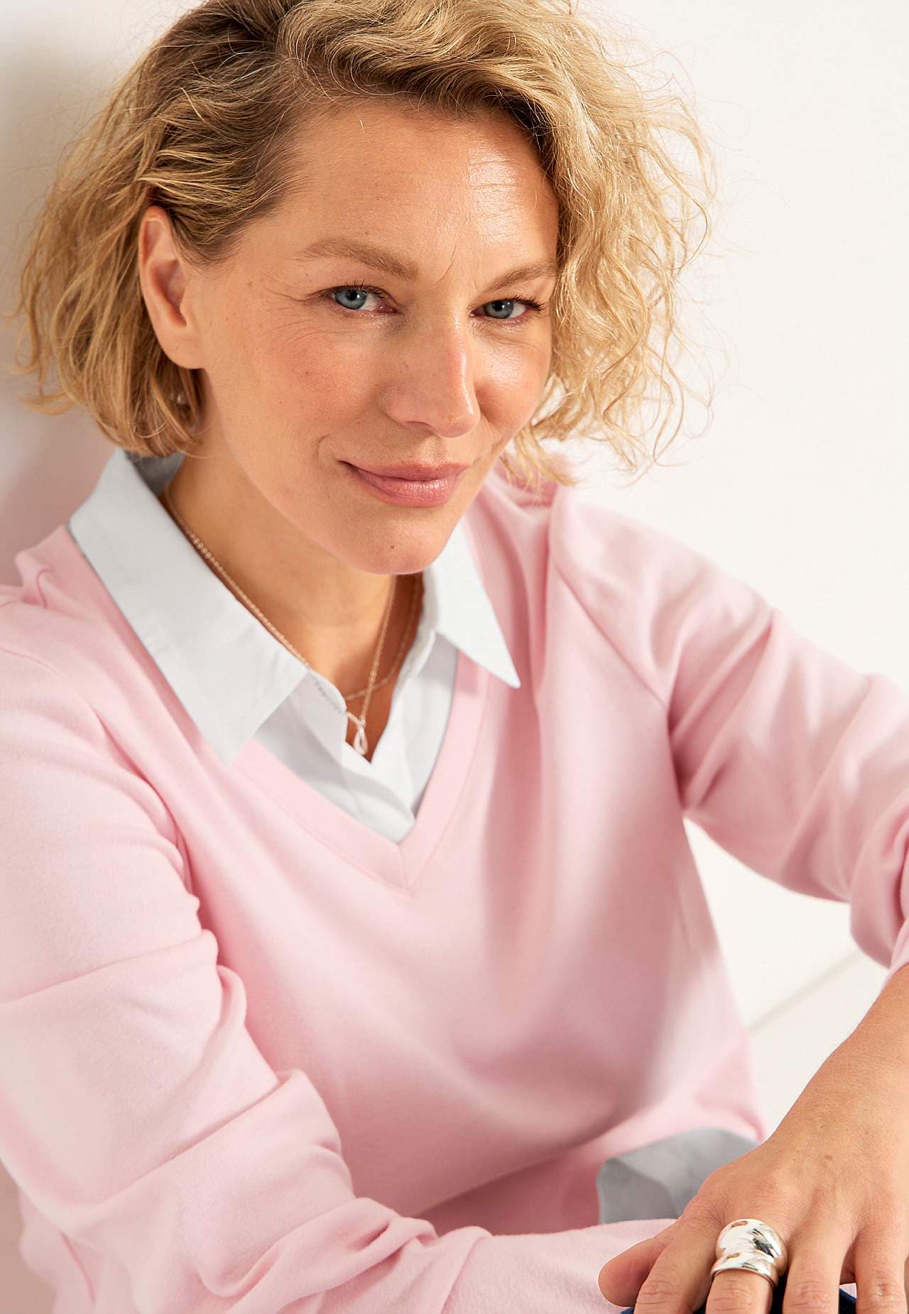 Jerseytop med syet skjorte krave