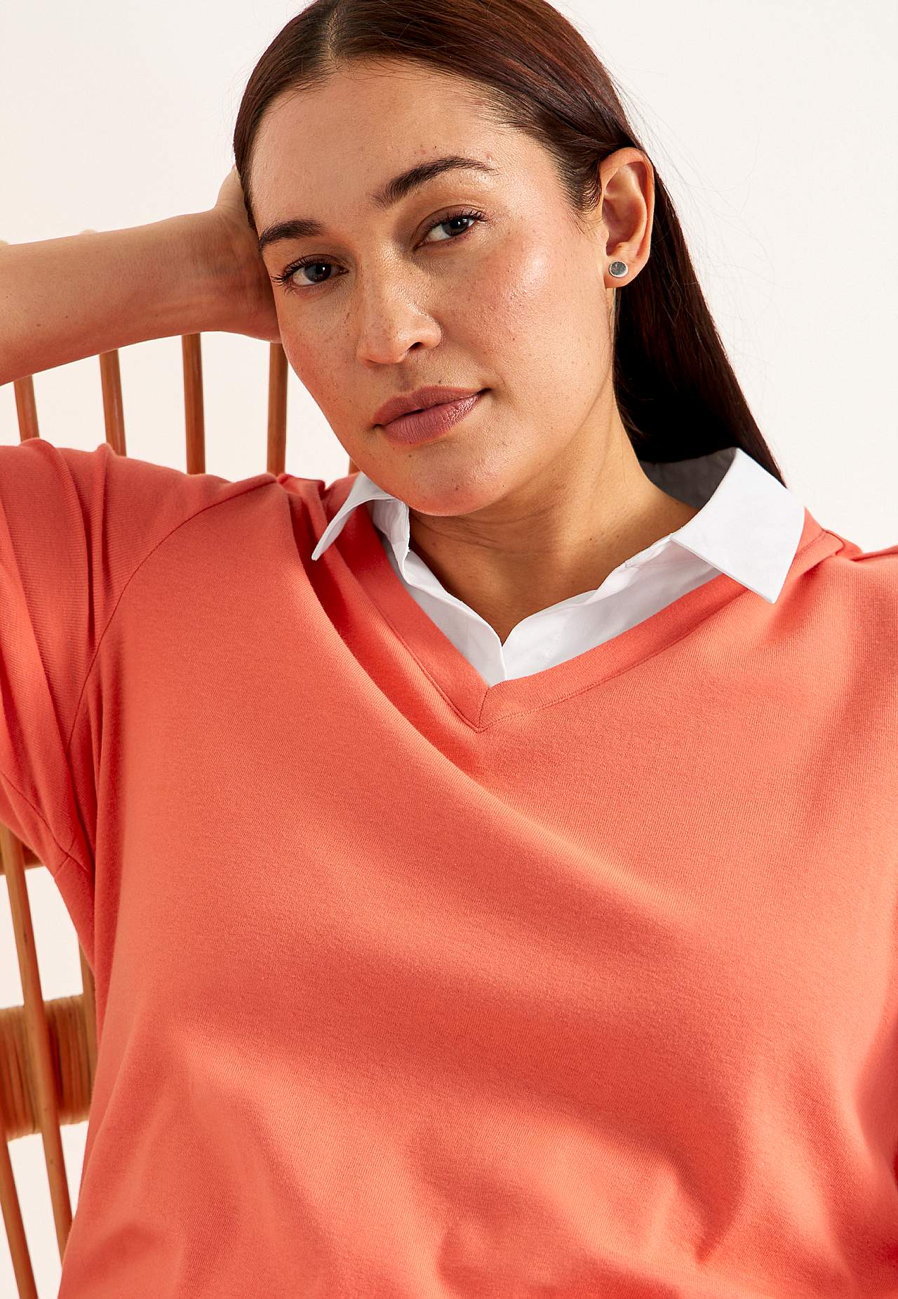 Jerseytop med syet skjorte krave