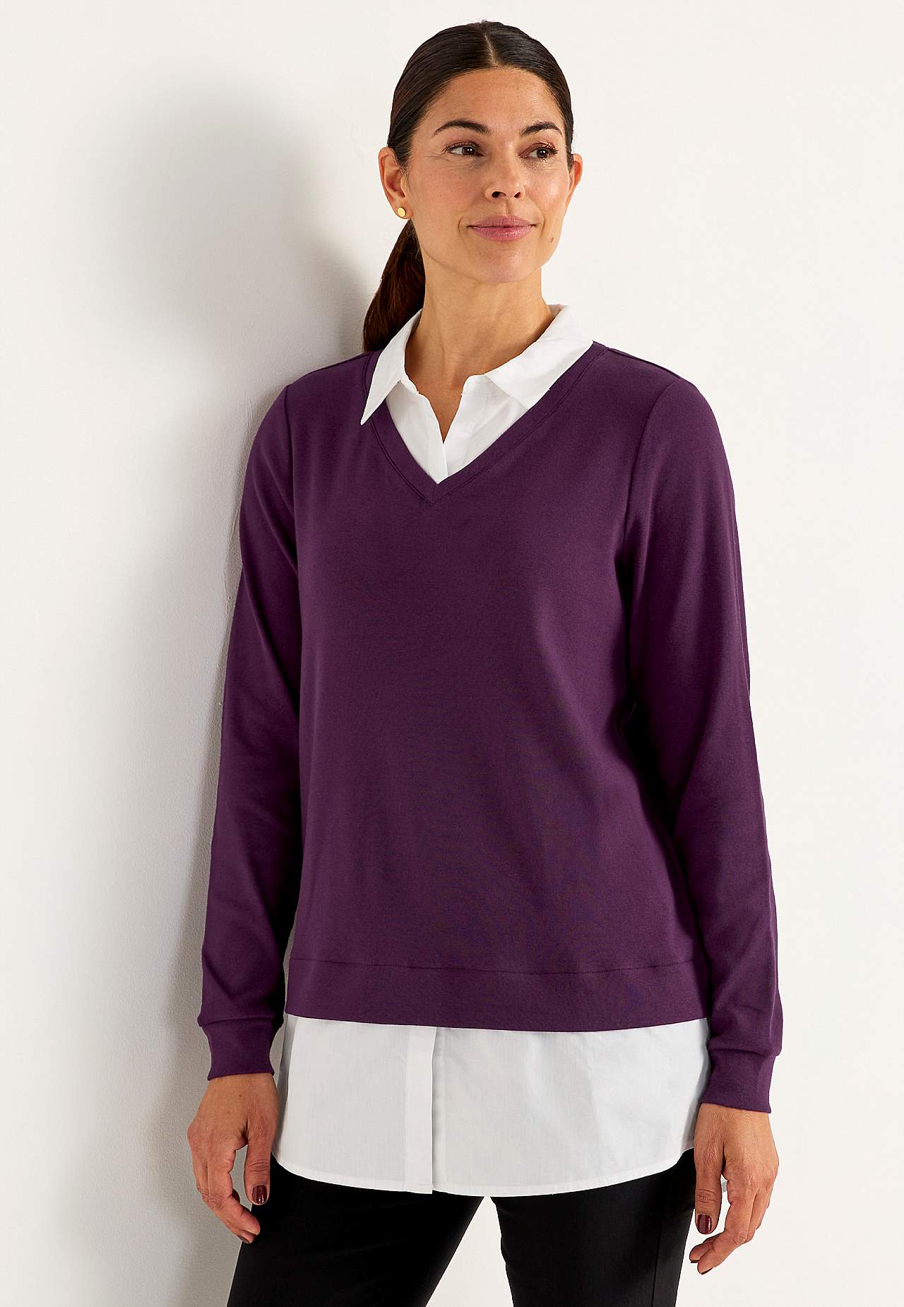 Jerseytop med syet skjorte krave