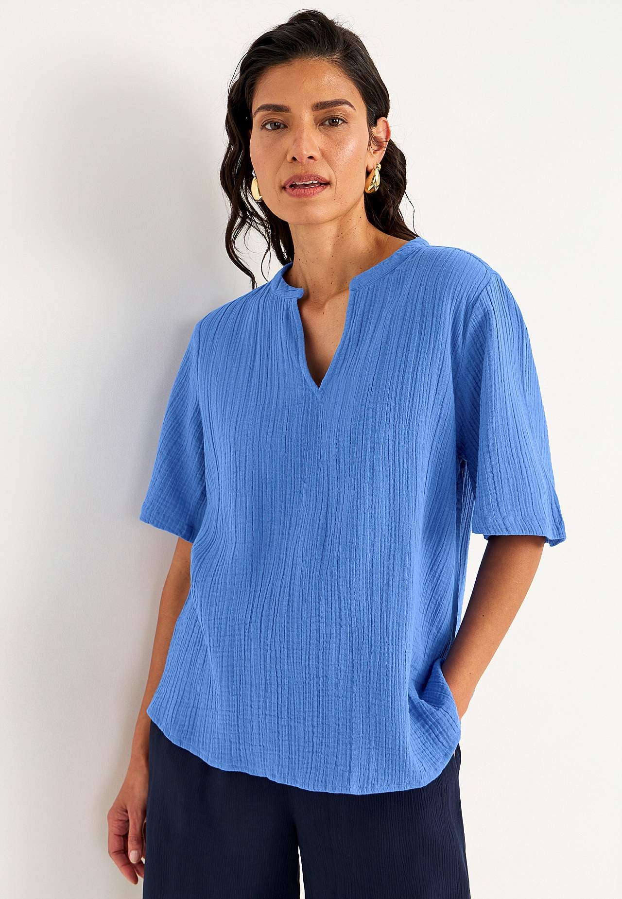 Bluse i rynket bomuld