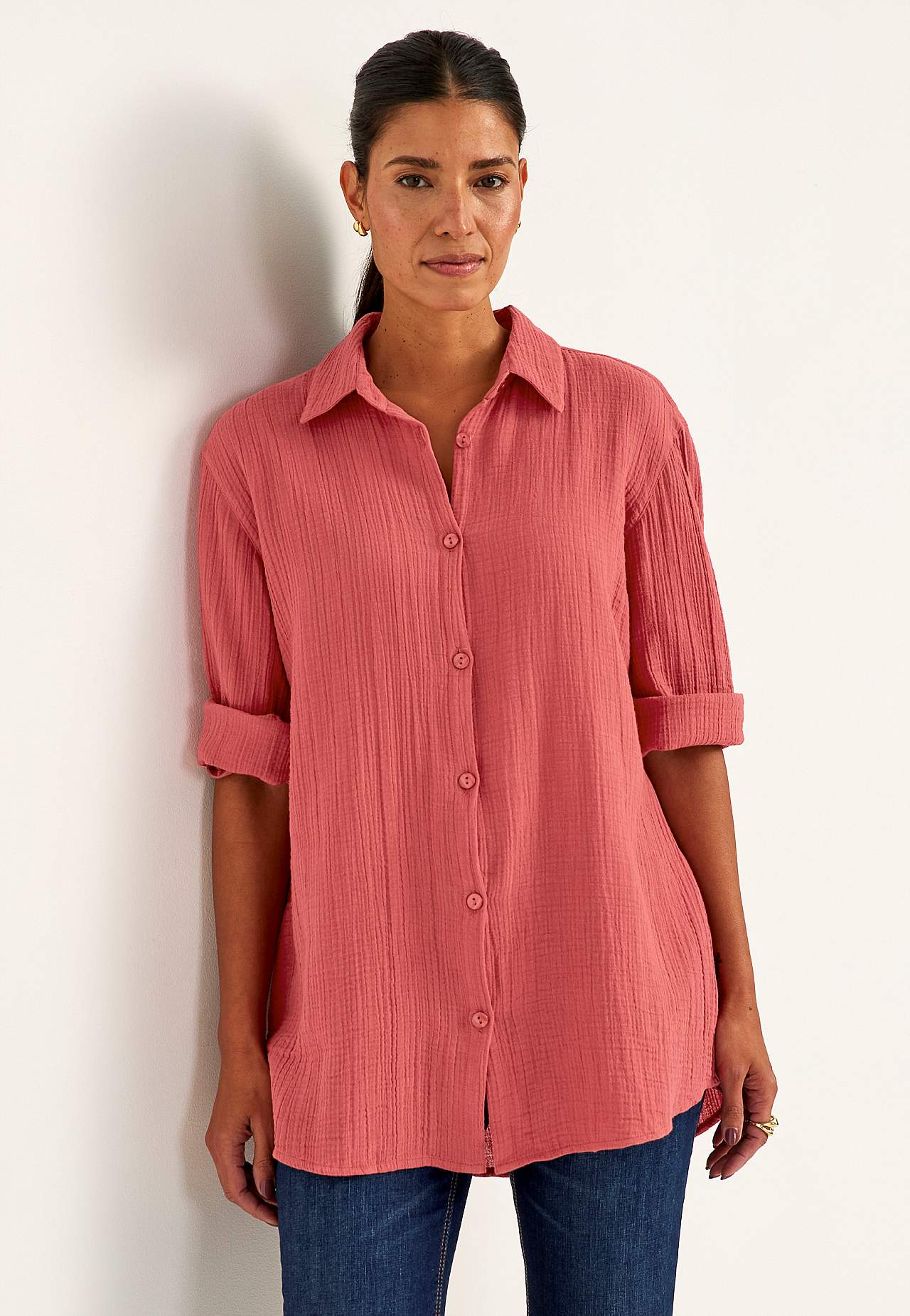 Lang skjorte i rynket bomuld