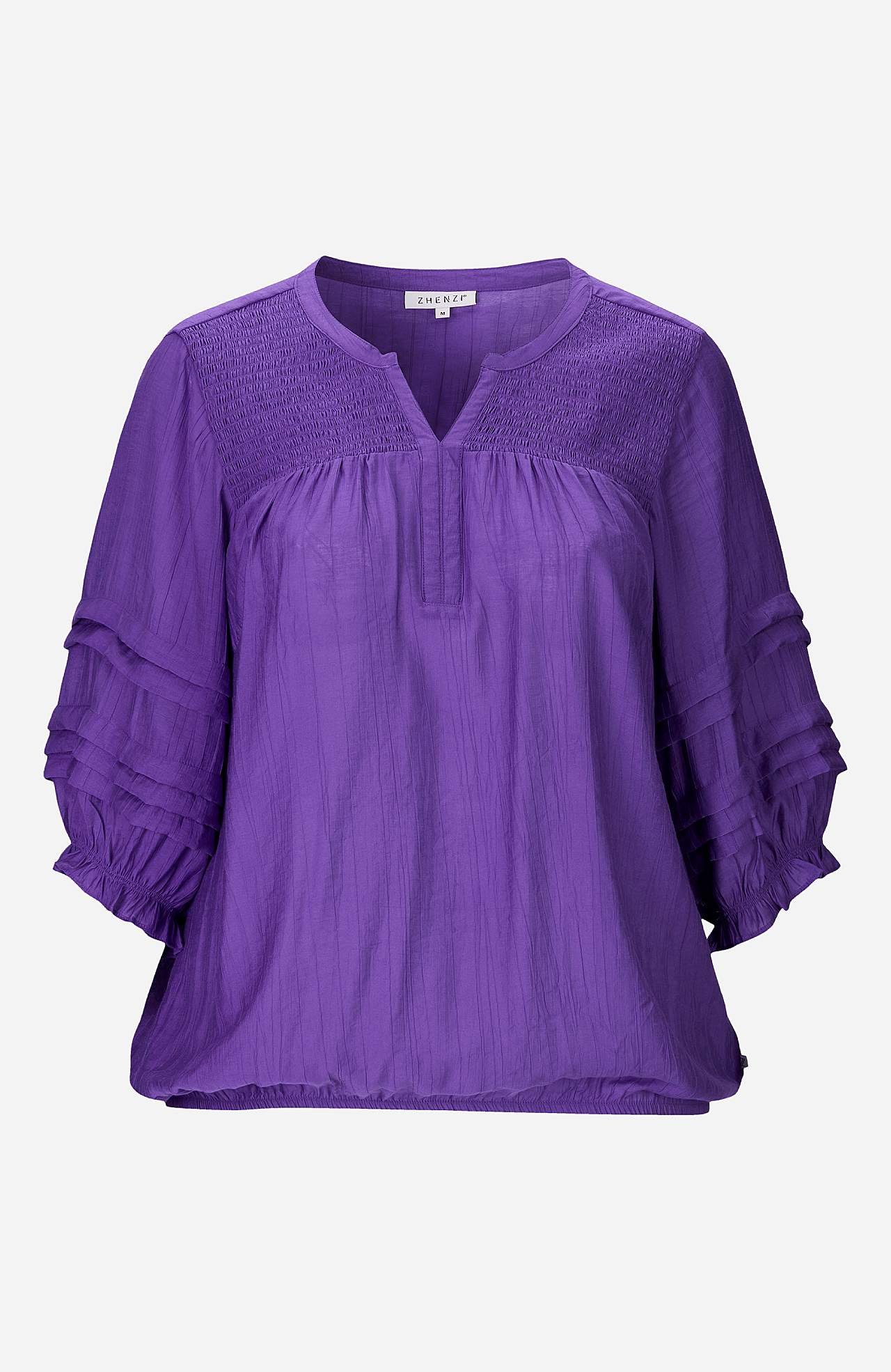 Rynket, ensfarvet bluse med smock Kyleigh