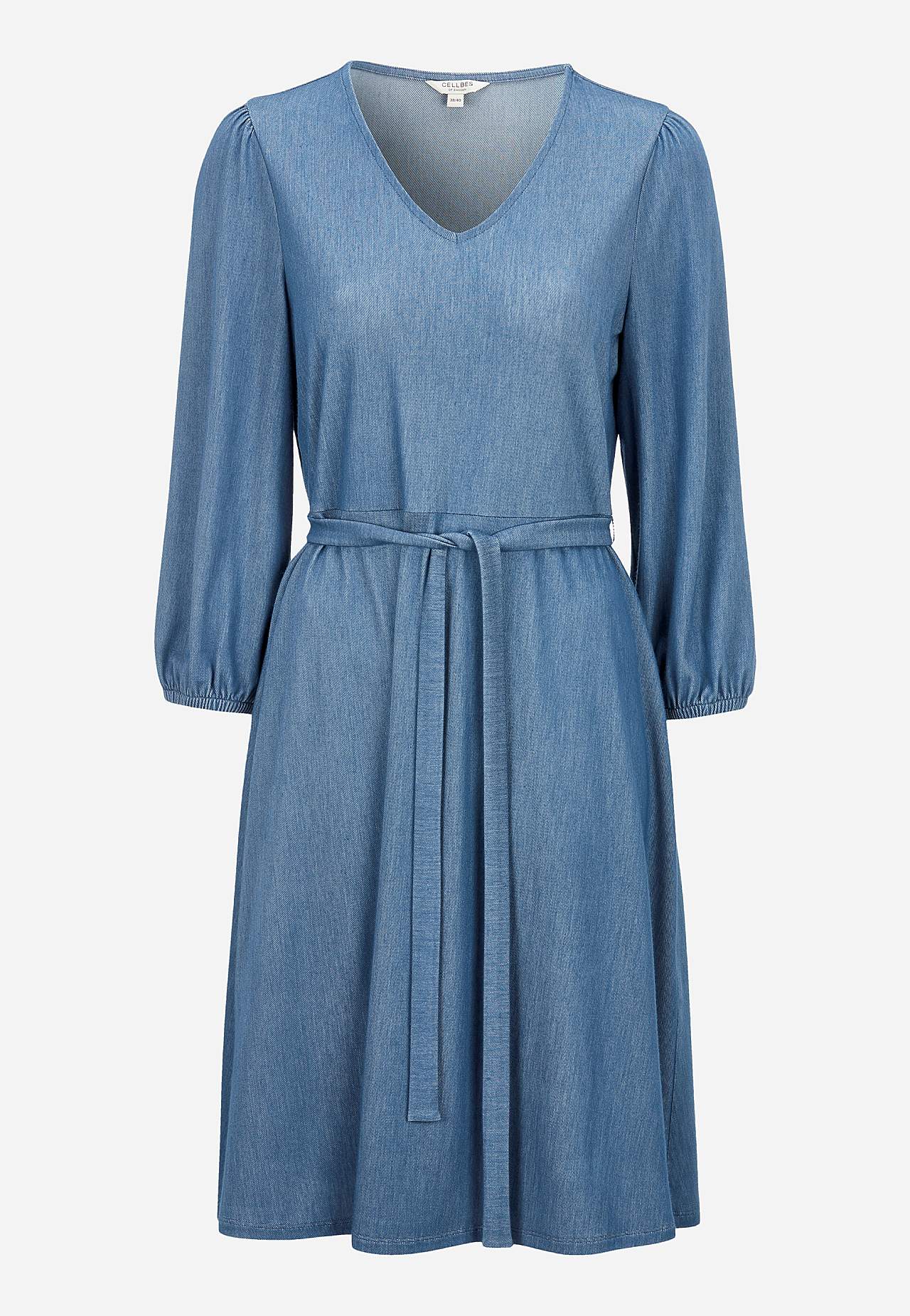 Kjole i denimjersey med bindebælte