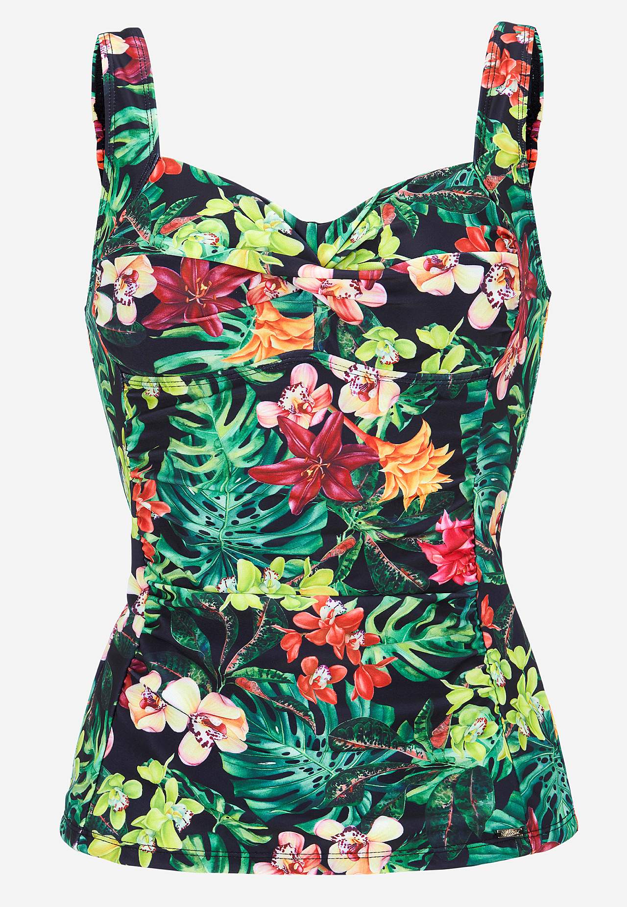 Tankinitop med shaping-effekt og et blomstermønster