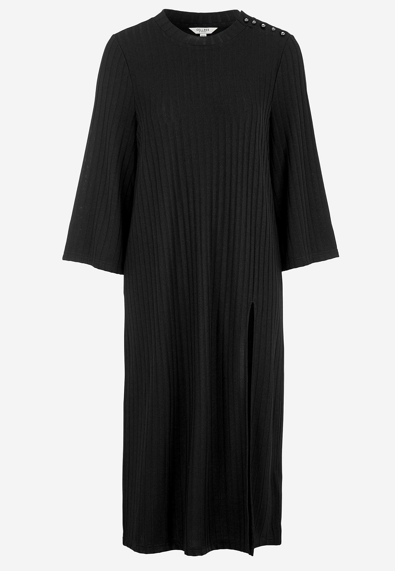 Ribbet jerseykjole med høj slids