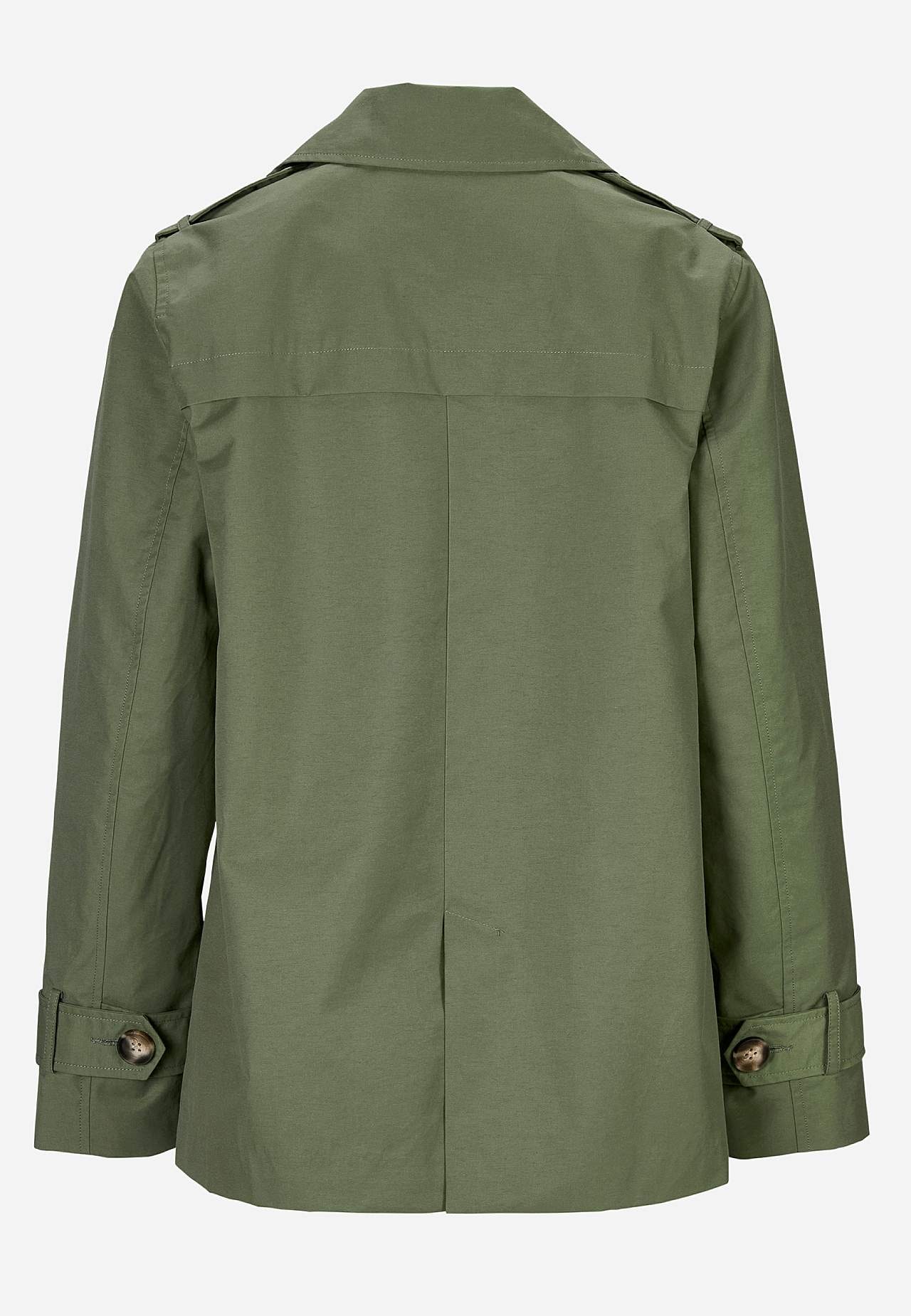 Dobbeltbrystet, kort trenchcoat