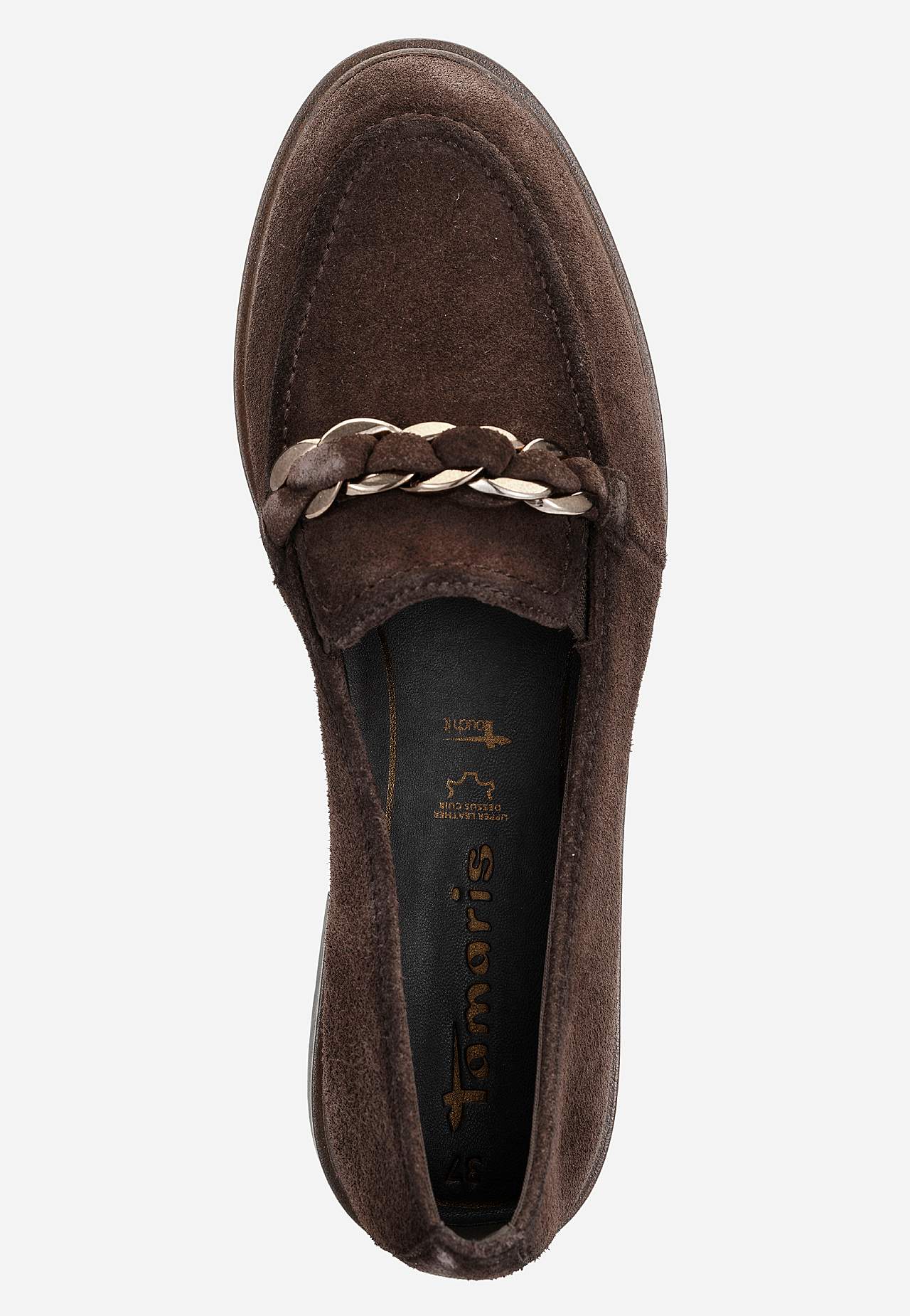 Komfortable ruskindsloafers med kædedetalje